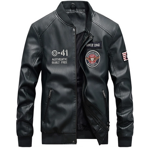 Herren PU Leder Bomberjacke Vintage Amerikanischen Militär Stil Baseball Stehkragen Motorrad Mantel Lässig Locker Oberbekleidung