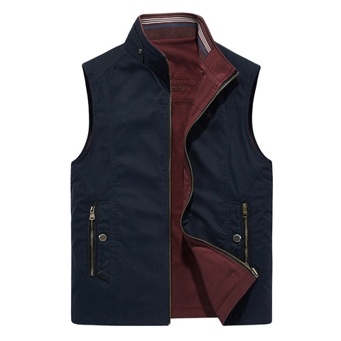 Men Outdoor Casual Multi-Pocket Vest Cotton Stand-Up Collar Reversible Tactical Waistcoat For Photography Fishing Hiking Outerwear