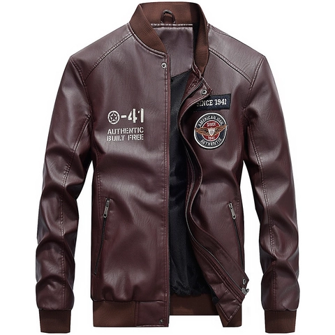 Herren PU Leder Bomberjacke Vintage Amerikanischen Militär Stil Baseball Stehkragen Motorrad Mantel Lässig Locker Oberbekleidung