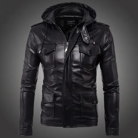 Chaqueta de Cuero PU con Capucha para Hombre Casual Múltiples Bolsillos Cortavientos Abrigo de Cuero Artificial Otoño Invierno