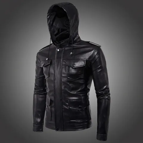 Chaqueta de Cuero PU con Capucha para Hombre Casual Múltiples Bolsillos Cortavientos Abrigo de Cuero Artificial Otoño Invierno