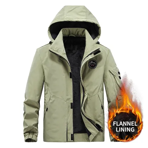 Men's Windproof Detachable Hooded Jacket With Warm Flannel Lining Outdoor Workwear Casual Zip-up Coat For Men Winter Outerwear