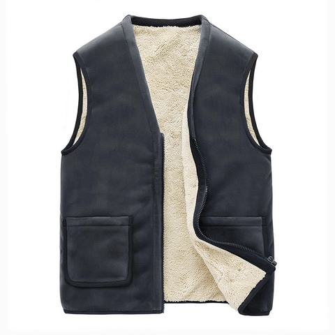 Men's Thermal Vest Fleece Lined Thickened Warm Windproof Sleeveless Classic Solid Color V Neck For Men Zipper With Pockets