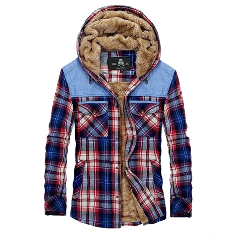 Giacca a Camicia Scozzese con Cappuccio da Uomo in Cotone Foderata in Pile Pesante Caldo Cappotto Invernale Casual da Uomo