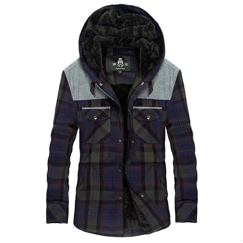Giacca a Camicia Scozzese con Cappuccio da Uomo in Cotone Foderata in Pile Pesante Caldo Cappotto Invernale Casual da Uomo