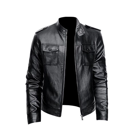 Men Motorcycle PU Leather Jacket Stand Collar Fleece Lined Windproof Outerwear Casual Fashion Winter Coat For Men