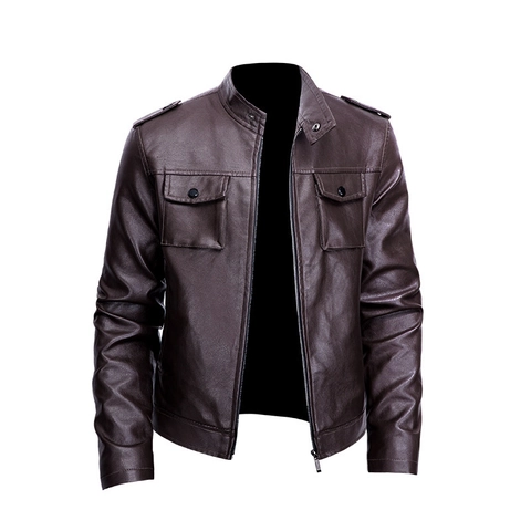 Men Motorcycle PU Leather Jacket Stand Collar Fleece Lined Windproof Outerwear Casual Fashion Winter Coat For Men