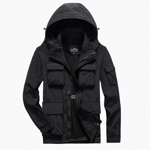 Men's Outdoor Hooded Jacket Windproof Waterproof Windbreaker Multi-pocket Cargo Coat Quick-dry 100% Nylon Mesh Lining Jacket