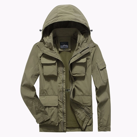 Men's Outdoor Hooded Jacket Windproof Waterproof Windbreaker Multi-pocket Cargo Coat Quick-dry 100% Nylon Mesh Lining Jacket