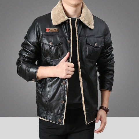 Men's Classic PU Leather Jacket With Warm Sherpa Fleece Lining Winter Lapel Outerwear Casual Loose Moto Biker Jacket For Men