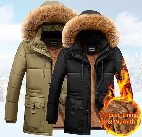 Giacca Parka Invernale da Uomo Con Ampio Cappuccio in Pelliccia Sintetica Cappotto Imbottito Foderato in Pile Caldo Antivento