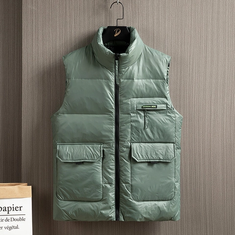 Men Casual Stand Collar Down Vest White Duck Down Sleeveless Jacket Multi-Pockets Warm Winter Puffer Waistcoat For Men