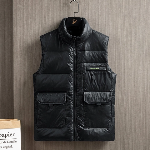 Men Casual Stand Collar Down Vest White Duck Down Sleeveless Jacket Multi-Pockets Warm Winter Puffer Waistcoat For Men