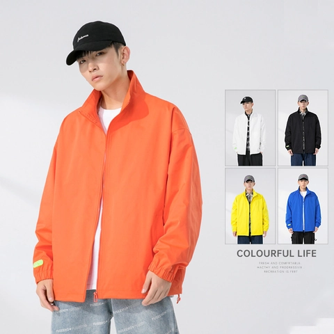 Men Stand Collar Windbreaker Jacket Loose Workwear Autumn Outerwear Zip Up Casual Sporty Solid Coat With Graphic Patch For Men Youth