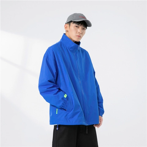Men Stand Collar Windbreaker Jacket Loose Workwear Autumn Outerwear Zip Up Casual Sporty Solid Coat With Graphic Patch For Men Youth
