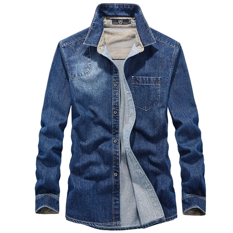 Men Casual Denim Long Sleeve Shirt Cotton Blend Washed Distressed Button Down Lapel Work Shirt With Pocket Vintage Style Tops