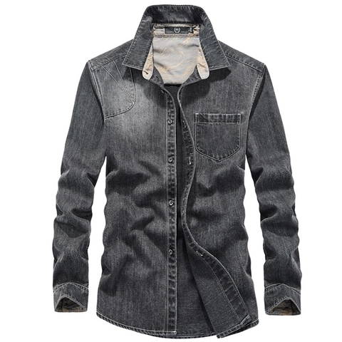 Men Casual Denim Long Sleeve Shirt Cotton Blend Washed Distressed Button Down Lapel Work Shirt With Pocket Vintage Style Tops