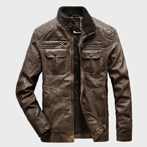 Chaqueta de Cuero Sintético Retro de Moto para Hombre Cuello Alto Lavado PU Abrigo Biker Multibolsillo Acolchado Moda