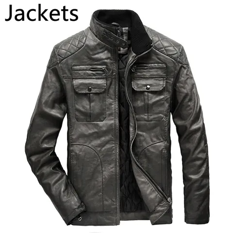 Chaqueta de Cuero Sintético Retro de Moto para Hombre Cuello Alto Lavado PU Abrigo Biker Multibolsillo Acolchado Moda