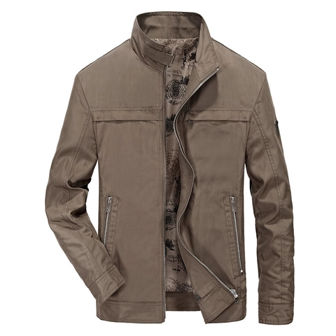 Men's Military Style Jacket Windproof Polyester Stand Collar Zip Up Casual Outdoor Coat With Retro Map Lining For Daily Wear