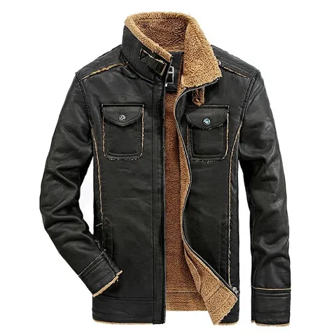 Herren Vintage PU Lederjacke Mit Fleece Gefüttert Motorrad Stil Stehkragen Multi-Pocket Verdickte Warme Oberbekleidung Wintermantel