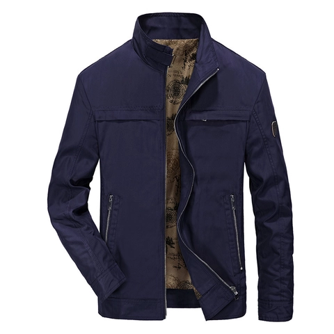 Men's Military Style Jacket Windproof Polyester Stand Collar Zip Up Casual Outdoor Coat With Retro Map Lining For Daily Wear