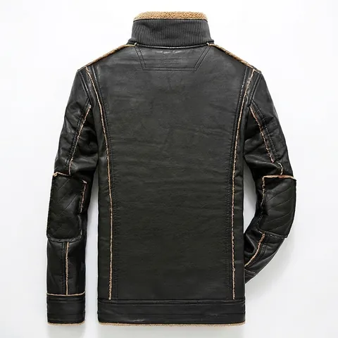 Herren Vintage PU Lederjacke Mit Fleece Gefüttert Motorrad Stil Stehkragen Multi-Pocket Verdickte Warme Oberbekleidung Wintermantel