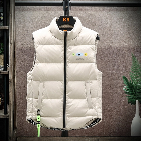 Gilet Puffer da Uomo in Piumino d'Anatra Bianco Invernale Ispessito Collo in Piedi Giacca Senza Maniche Stile Coreano Stampa di Lettere