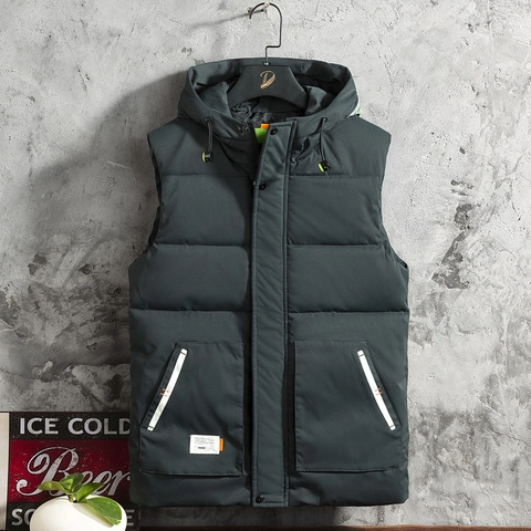Men's Casual Hooded Padded Vest Solid Color Quilted Sleeveless Jacket For Winter Outdoor Warm Windproof Outerwear