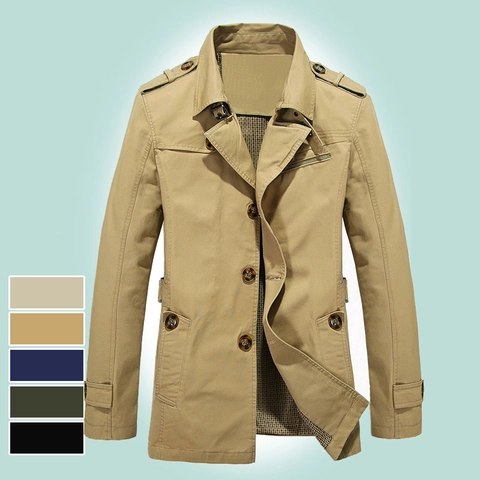 Herren Casual Slim Fit Baumwolle Trenchcoat Mittellange Windjacke Outdoor Mode Oberbekleidung Mit Schulterklappen