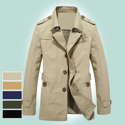 Herren Casual Slim Fit Baumwolle Trenchcoat Mittellange Windjacke Outdoor Mode Oberbekleidung Mit Schulterklappen