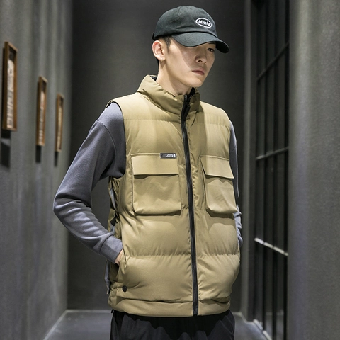 Heren Winter Verdikt Gevoerd Vest Opstaande Kraag Gilet Mode Japanse Workwear Multi-zakken Mouwloze Jas Bovenkleding