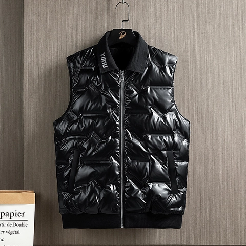 Herren Glänzende Gesteppte Daunenweste Mode Metallic Stehkragen Ärmellose Gepolsterte Puffer Weste Mit Buchstaben Prägung Winter Warm Jacke