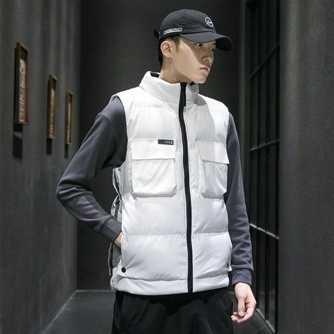 Heren Winter Verdikt Gevoerd Vest Opstaande Kraag Gilet Mode Japanse Workwear Multi-zakken Mouwloze Jas Bovenkleding