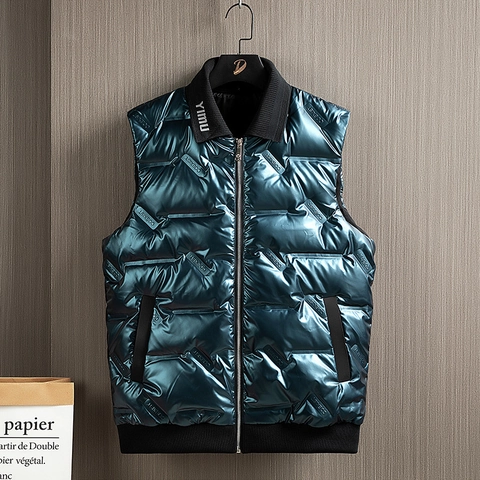 Herren Glänzende Gesteppte Daunenweste Mode Metallic Stehkragen Ärmellose Gepolsterte Puffer Weste Mit Buchstaben Prägung Winter Warm Jacke