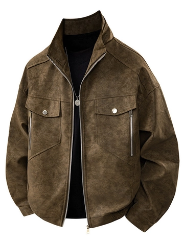 Ανδρικό Αμερικάνικο Vintage Μπουφάν Workwear Όρθιο Κολάρο Παλτό από Τεχνητό Καστόρι Αντιανεμικό Casual Outerwear Top