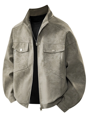 Ανδρικό Αμερικάνικο Vintage Μπουφάν Workwear Όρθιο Κολάρο Παλτό από Τεχνητό Καστόρι Αντιανεμικό Casual Outerwear Top