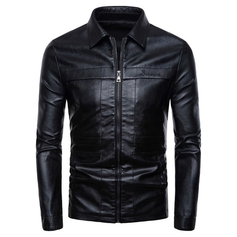 Men's Cowhide Leather Jacket Casual Lapel Slim Fit Zipper Biker Coat Outerwear With Embroidery Fashion Vintage Style