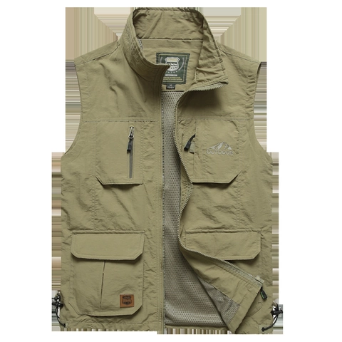 Men Outdoor Functional Multi-Pocket Vest Lightweight Nylon Mesh Lining Utility Waistcoat Stand Collar Fishing Sleeveless Jacket
