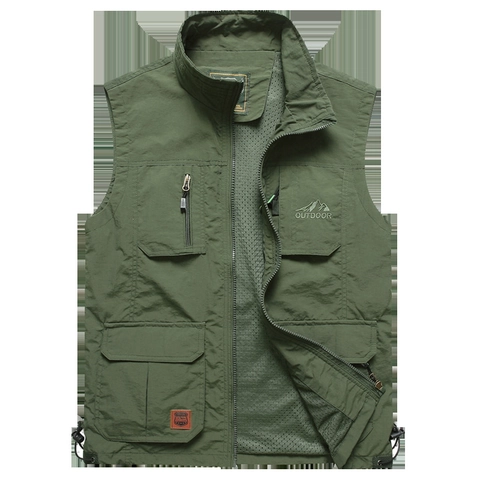 Men Outdoor Functional Multi-Pocket Vest Lightweight Nylon Mesh Lining Utility Waistcoat Stand Collar Fishing Sleeveless Jacket
