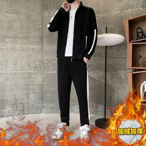 Herren Casual Sportanzug Kontraststreifen Stehkragen Reißverschluss Jacke Und Passende Hose Baumwollmischung Sweatshirt Anzug