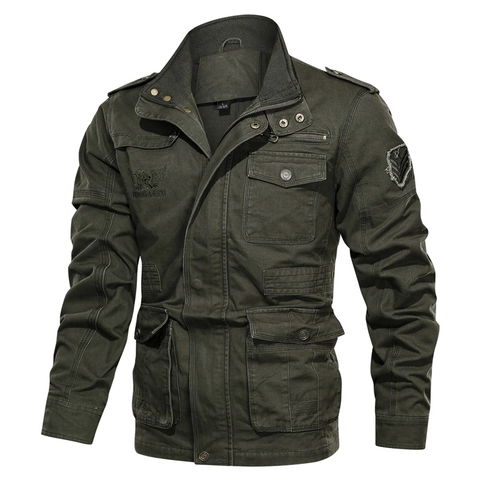 Men Cotton Cargo Jacket Stand Collar Multi Pocket Tactical Outerwear Loose Fit Casual Workwear Autumn Winter Jacket Coat