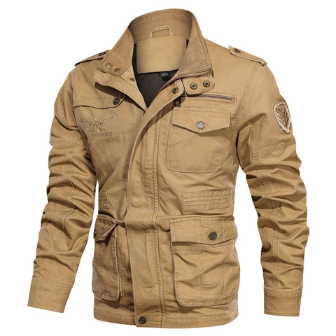 Men Cotton Cargo Jacket Stand Collar Multi Pocket Tactical Outerwear Loose Fit Casual Workwear Autumn Winter Jacket Coat