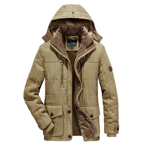 Herren Winter Kapuzen Wattierte Jacke Dickes Fleece Futter Lässiger Outdoor Mantel Multi Tasche Warme Winddichte Parka Mode