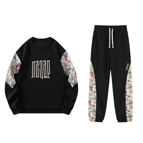 Men Casual Sweatshirt And Joggers Polyester Spandex Cartoon Bear Print Streetwear Autumn Two Piece Outfit History Letter Pullover