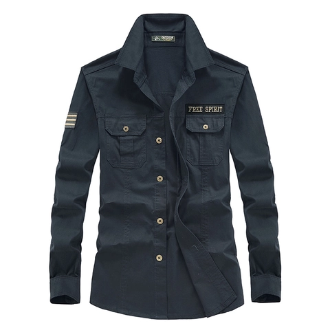Camicia da Uomo a Maniche Lunghe in Stile Militare 98% Cotone Outdoor Casual Slim Fit Colletto Rovesciato Doppie Tasche Ricamo