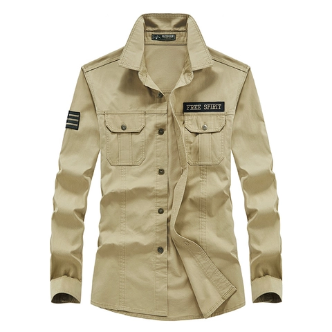 Camicia da Uomo a Maniche Lunghe in Stile Militare 98% Cotone Outdoor Casual Slim Fit Colletto Rovesciato Doppie Tasche Ricamo