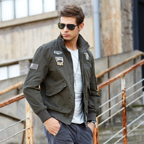 Men Bomber Jacket Cotton Military Utility Pilot Coat Standing Collar Embroidered Patch Long Sleeve Casual Flight Outerwear