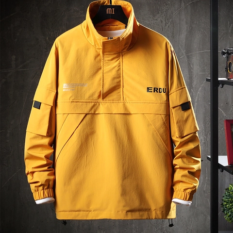 Veste de Travail Décontractée à Col Montant pour Homme Coupe-vent d'Extérieur Coupe Large Vêtements de Dessus avec Plusieurs Poches et Impression de Lettres