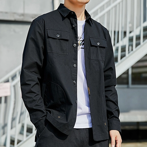 Herren Baumwolle Utility Langarmhemd Mehrere Taschen Button Down Atmungsaktiv Einfarbig Koreanischer Stil Arbeitskleidung Jacke
